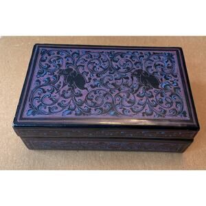 Burmese Laquerware Wooden Hinged Trinket Box Vintage Gloss Black Elephant Art